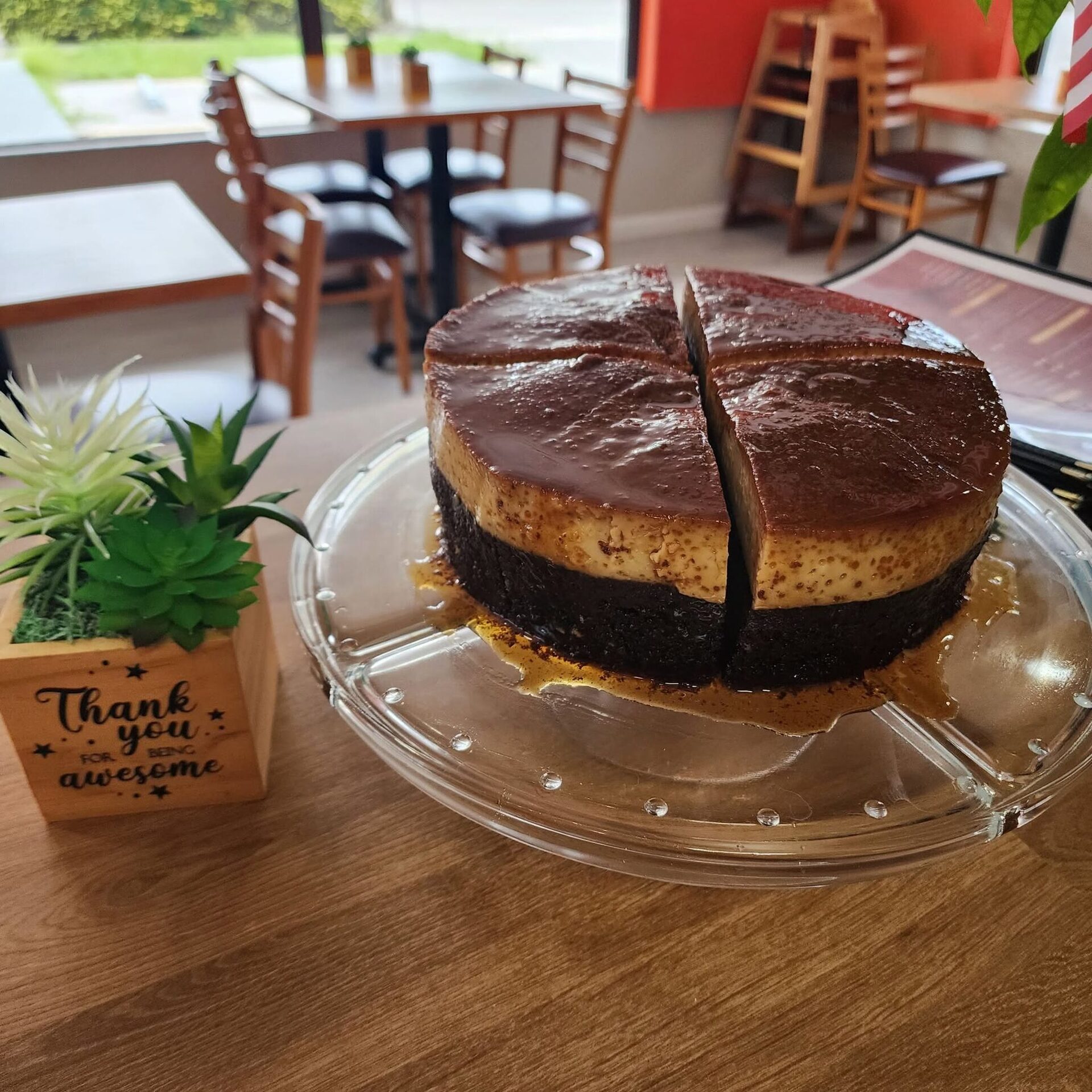 1Chick 1Bro: chocolate flan cake on a glass stand beside the 'Thank you for being awesome' card